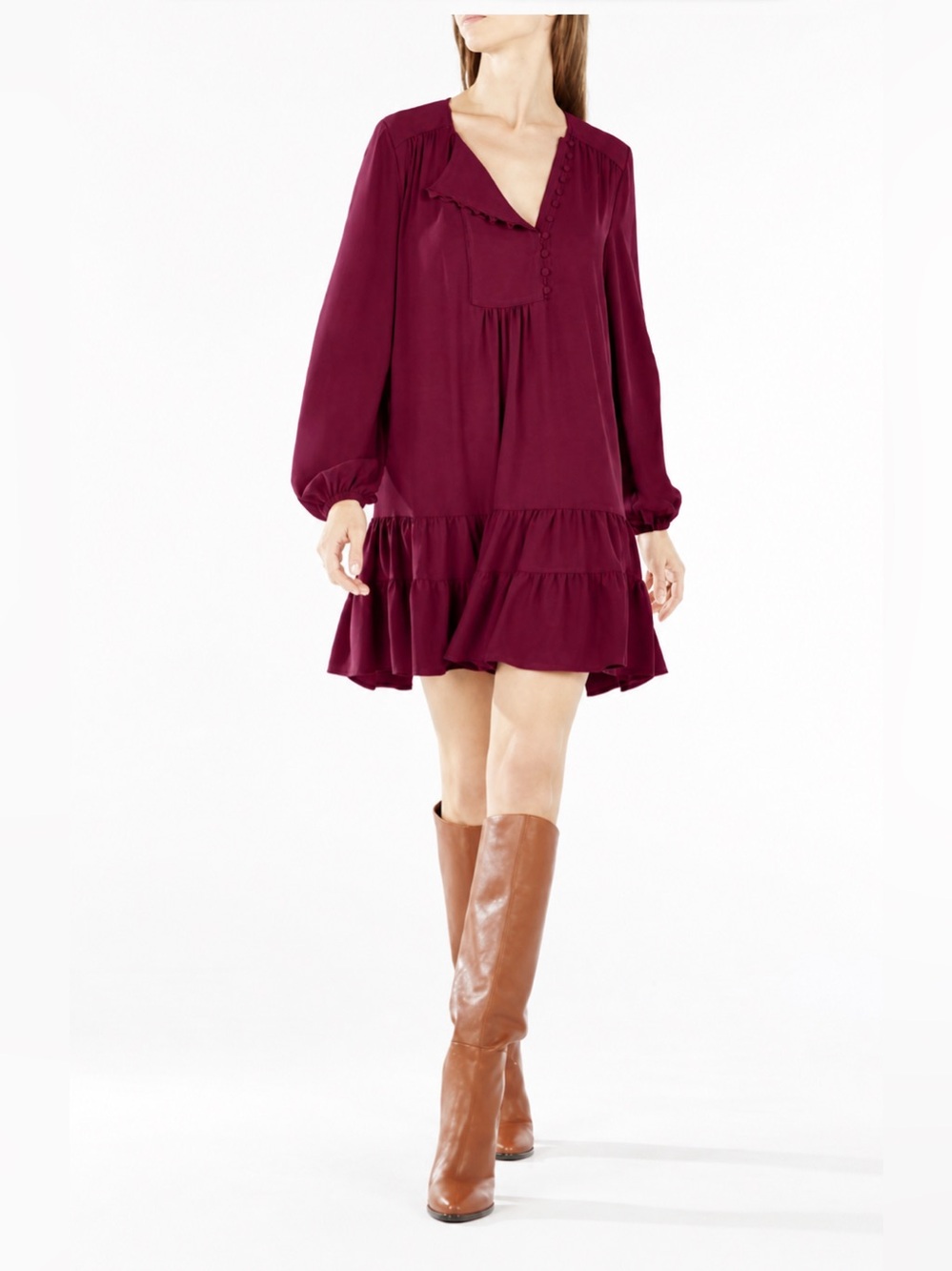 BCBGMaxAzria Burgundy Boho Ruffle Mini Dress Long Sleeve Drop Waist Size S